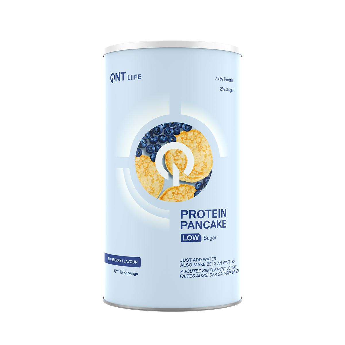 Blue protein pancake mix can with a pancake illustration on the front