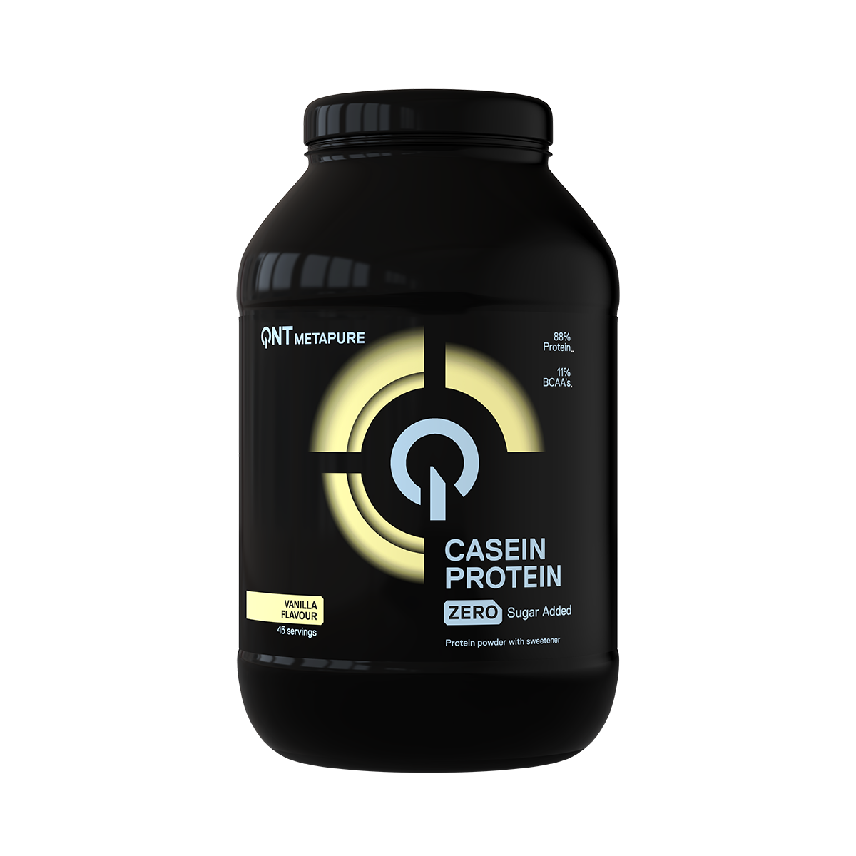 Black jar of casein protein supplement with yellow label on a white background