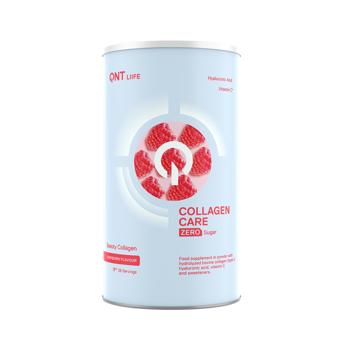 White collagen care can with red fruit graphic and red text on the label