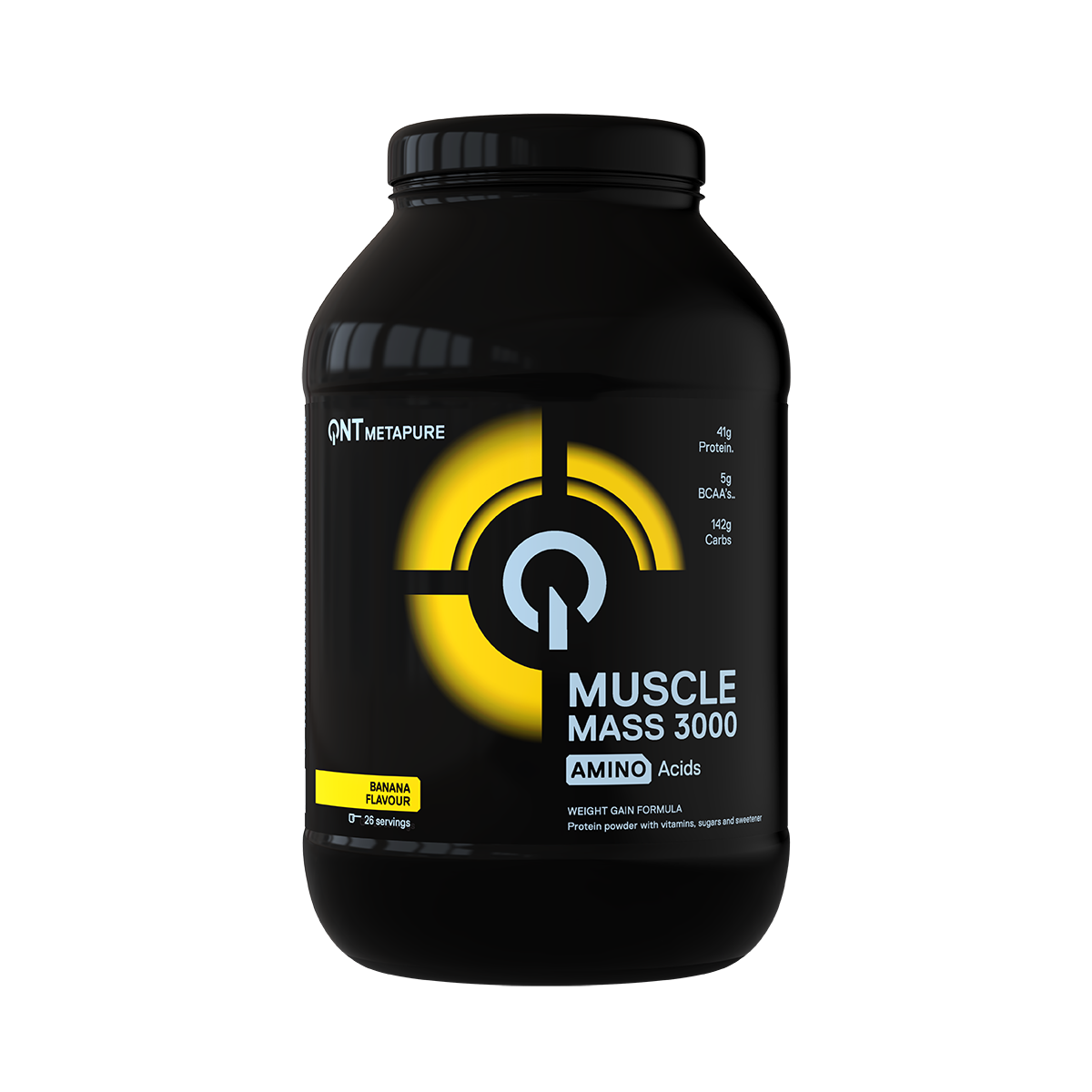 Black Muscle Mass 5000 supplement bottle with yellow logo on a white background
