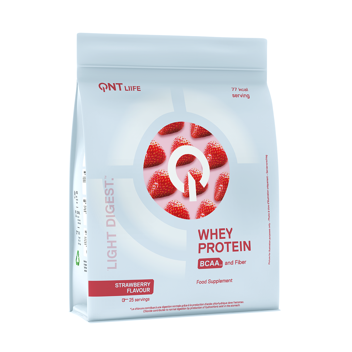 Light blue whey protein powder bag with strawberry flavor and raspberry graphics