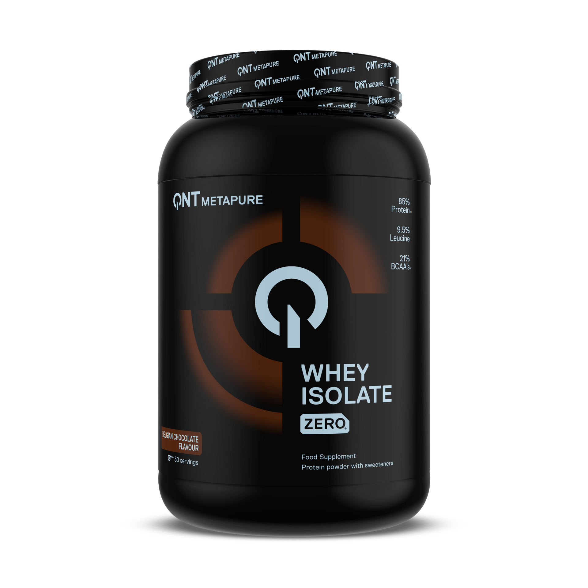 Black whey isolate zero protein powder tub with orange accents and a black lid