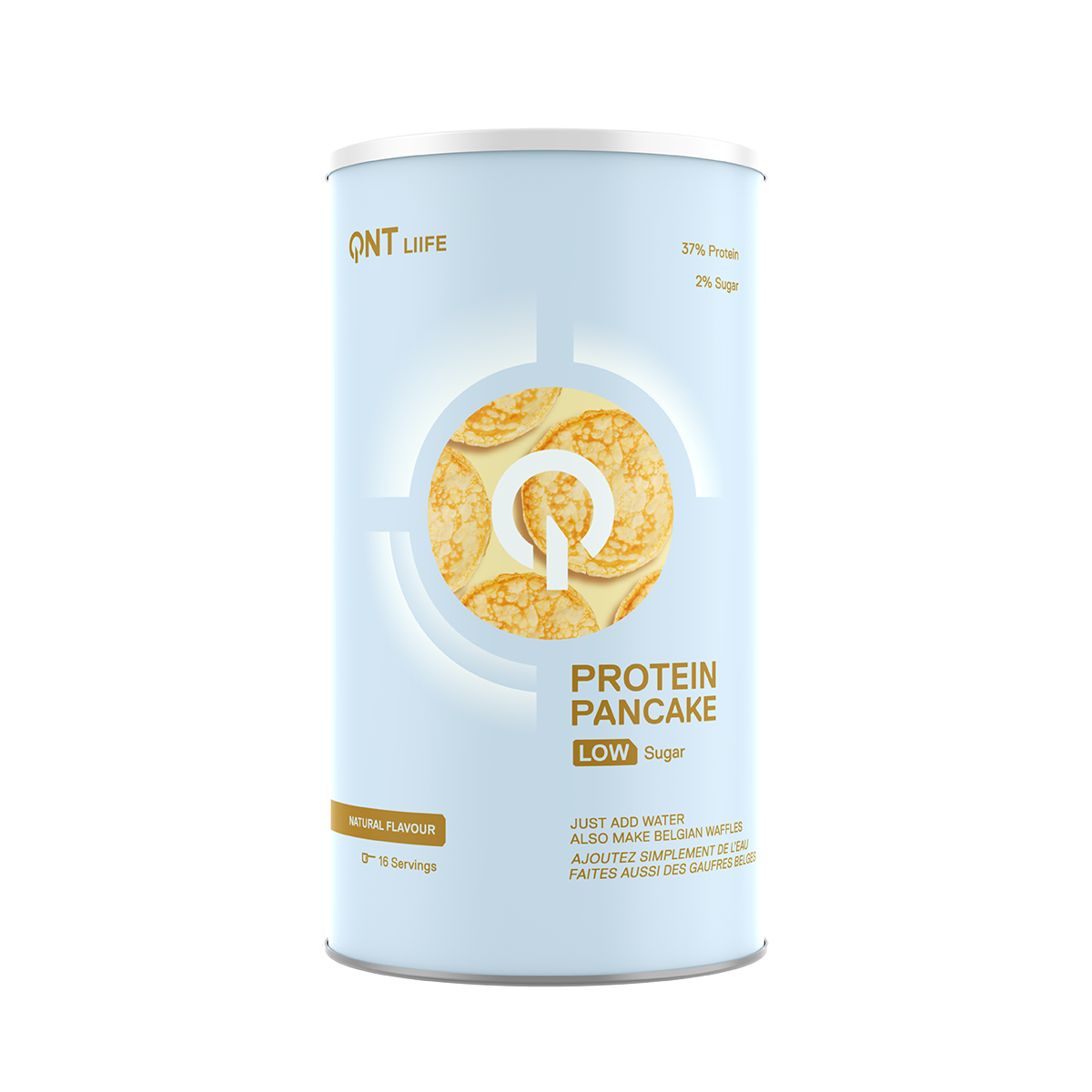 Light blue can of protein pancake mix with golden pancake graphic on the label