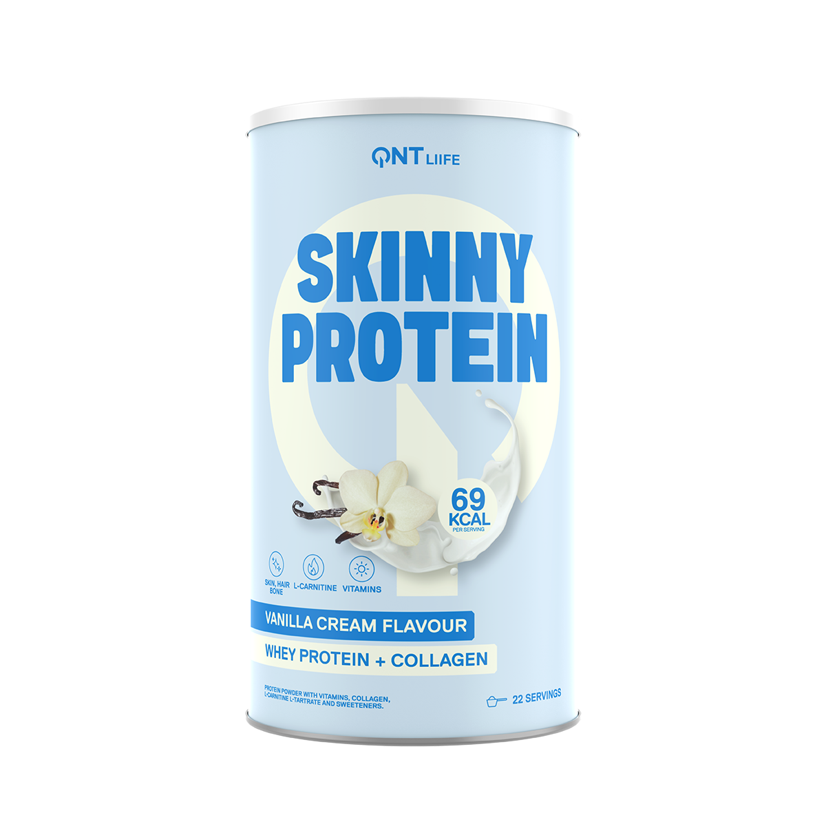 Blue Skinny Protein can labeled vanilla cream flavor with collagen, 69 kcal.