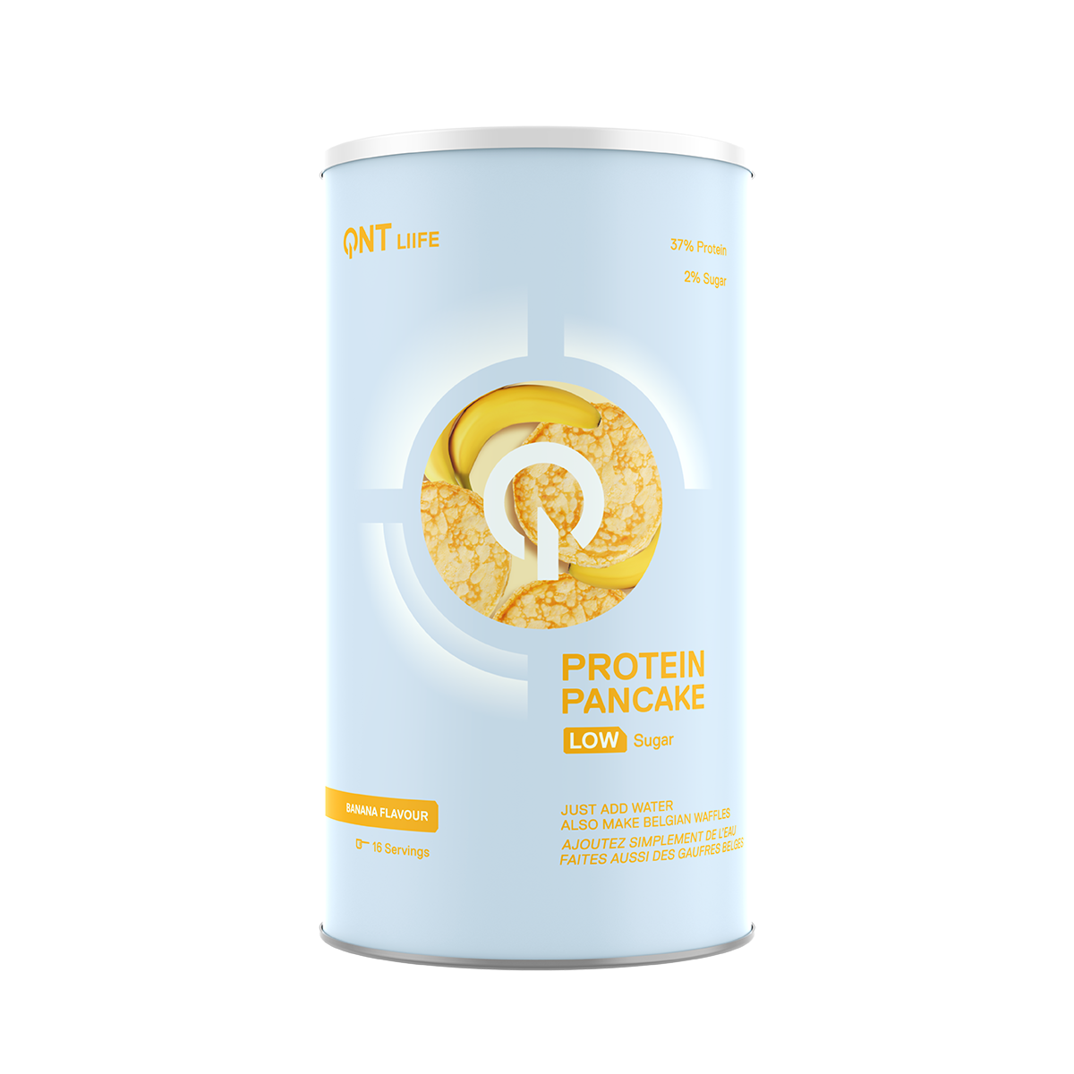 Light blue can of protein pancake mix with a golden pancake graphic and white logo text