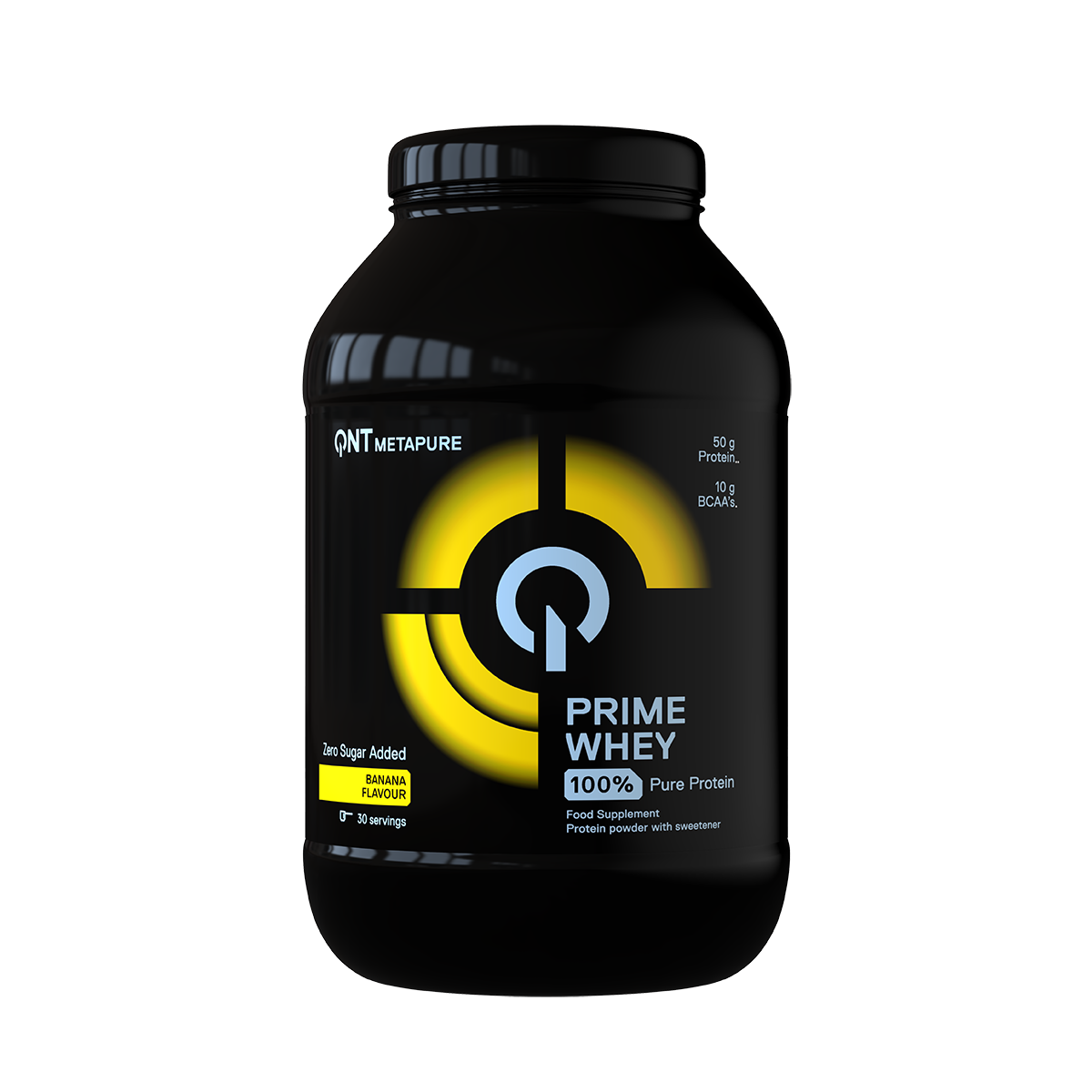 Black protein powder jar labeled 