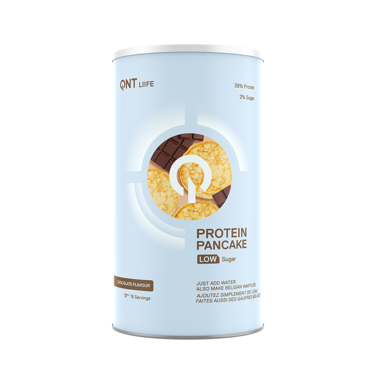 Blue protein pancake can with pancake illustration and white omega-3 symbol