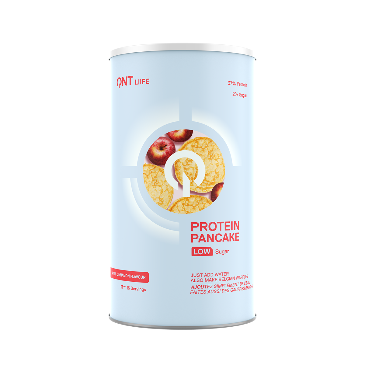 Blue protein pancake mix canister with pancake graphic and red branding