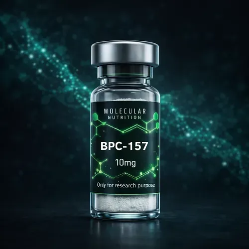 BPC-157 10mg vial with dark green label and glowing molecular design on black background