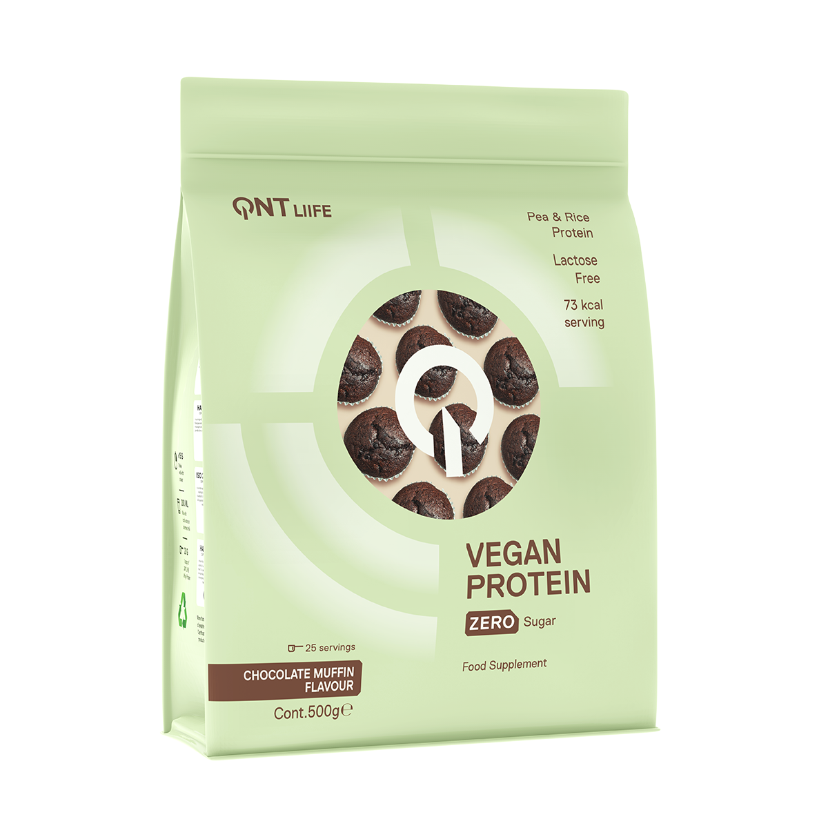 Green bag of vegan protein powder with cookie graphics on a white background