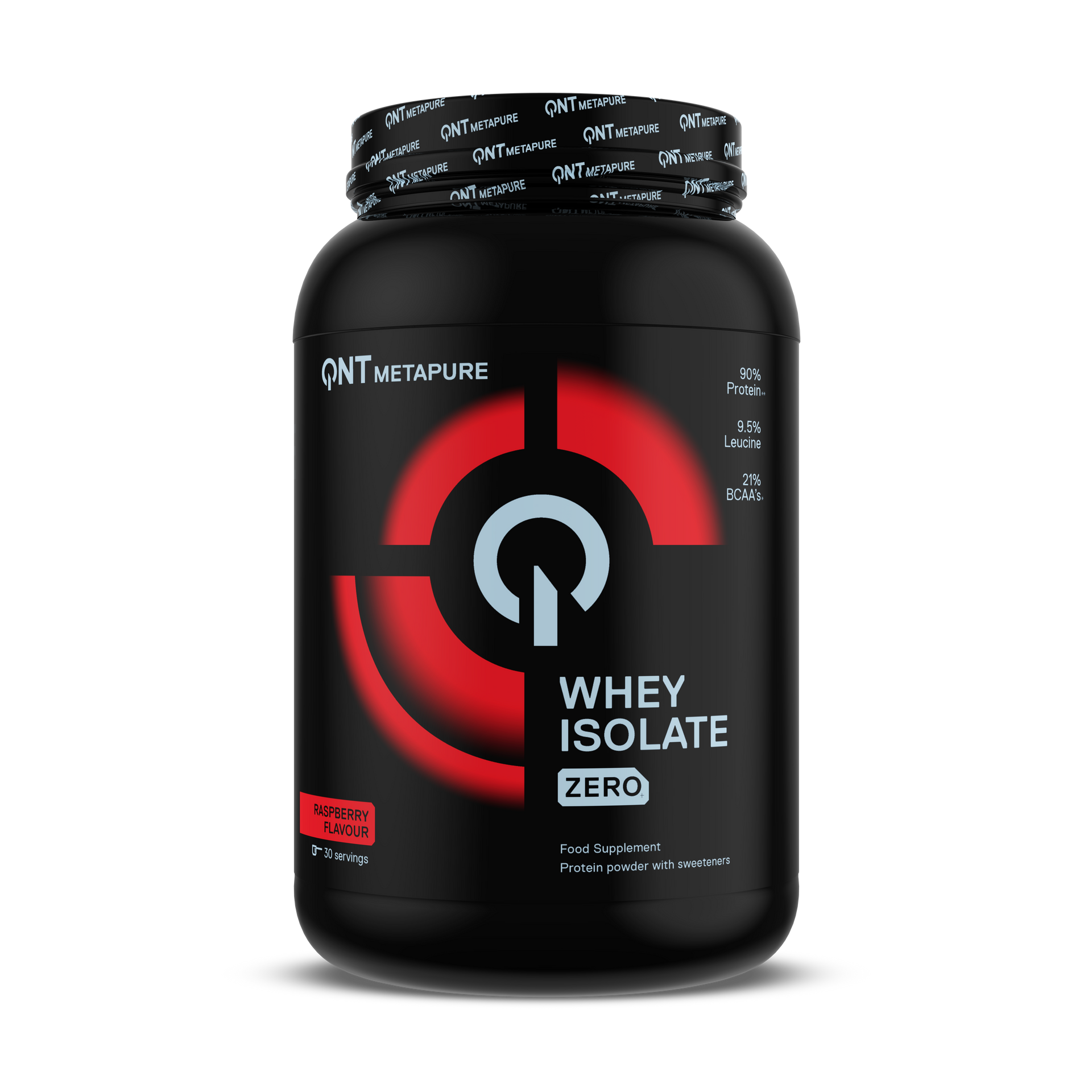 Black whey isolate protein supplement jar with red logo and white label on a white background