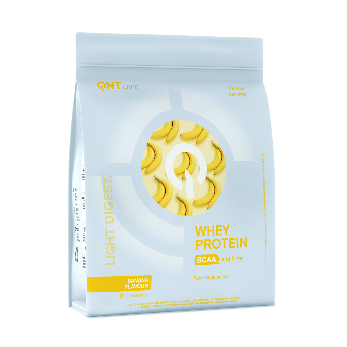 Light blue whey protein powder bag with yellow accents and banana graphics