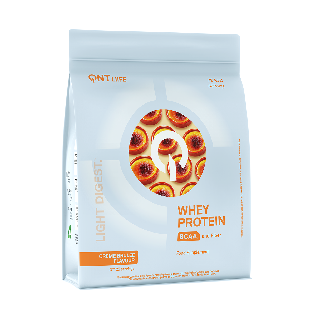 Light blue whey protein powder bag with orange accents and a circular swirl design