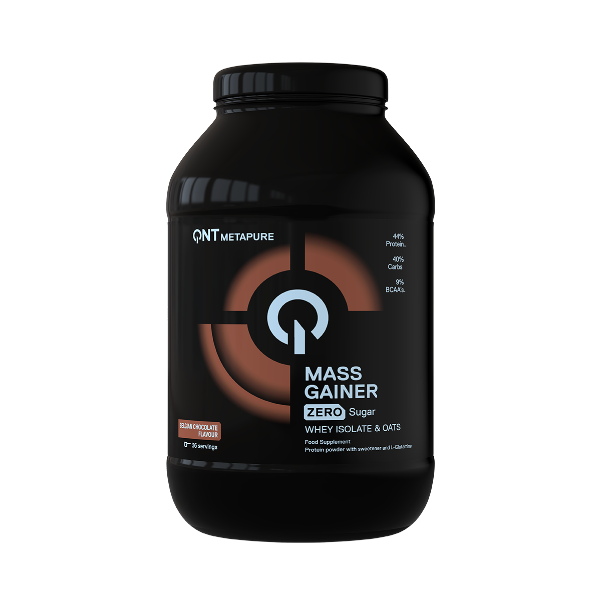 Black bottle of CNT Nutrition Mass Gainer with brown label on a white background