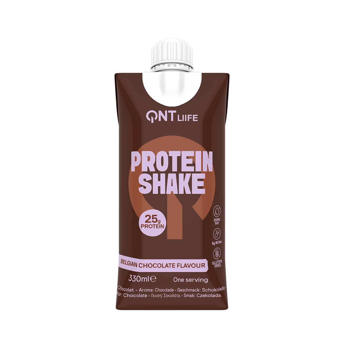Brown QNT Life protein shake carton with white cap and pink “PROTEIN SHAKE” label