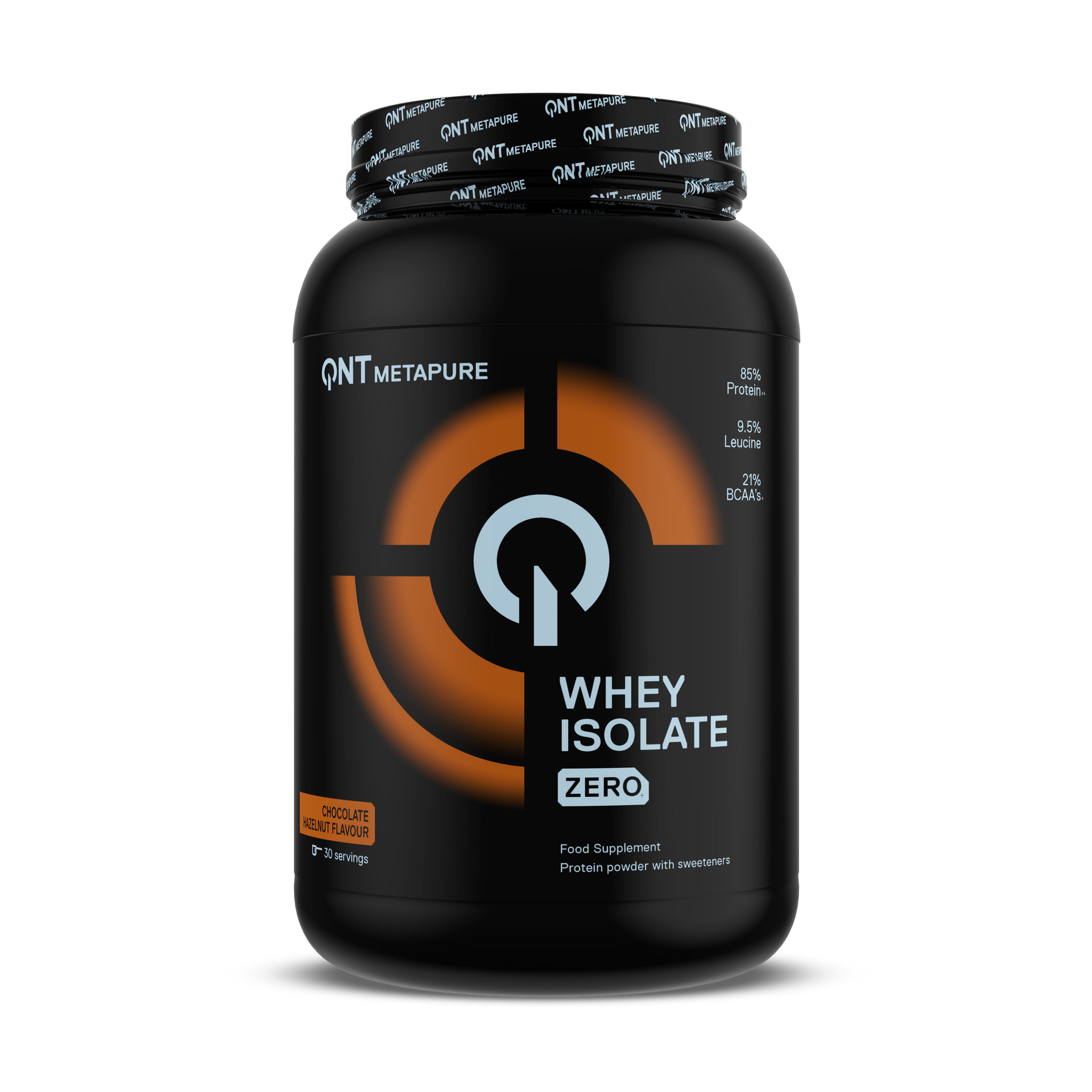 Black container of whey isolate protein powder with orange accents and “WHEY ISOLATE ZERO” label