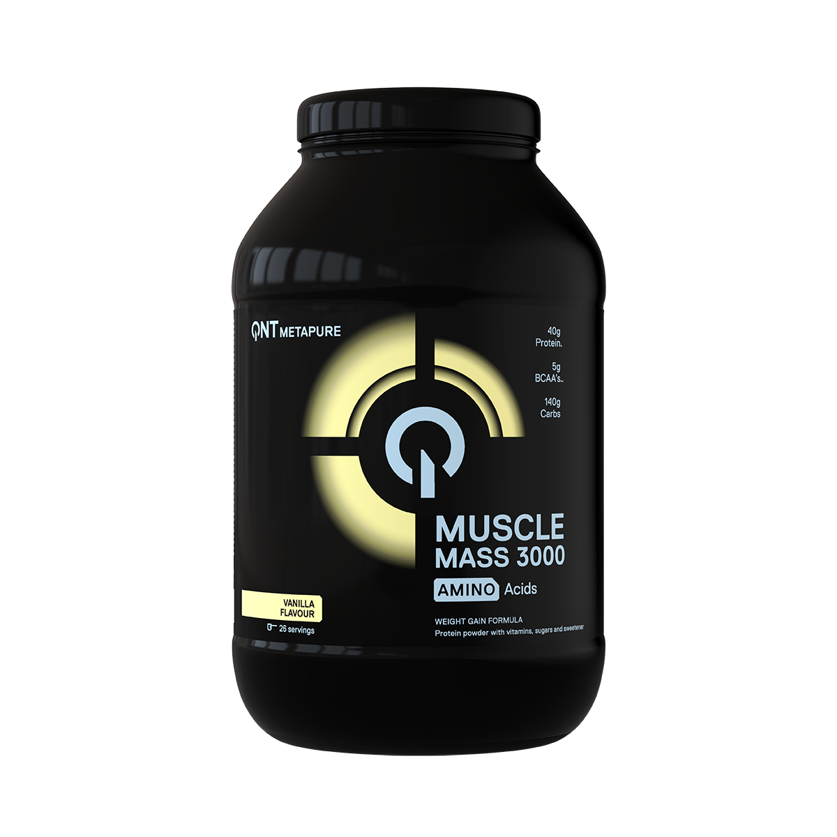Black Muscle Mass 3000 supplement jar with gold logo on a white background
