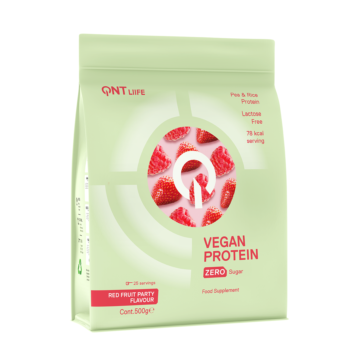 Light green vegan protein powder bag with strawberry graphic and “vegan protein zero” text