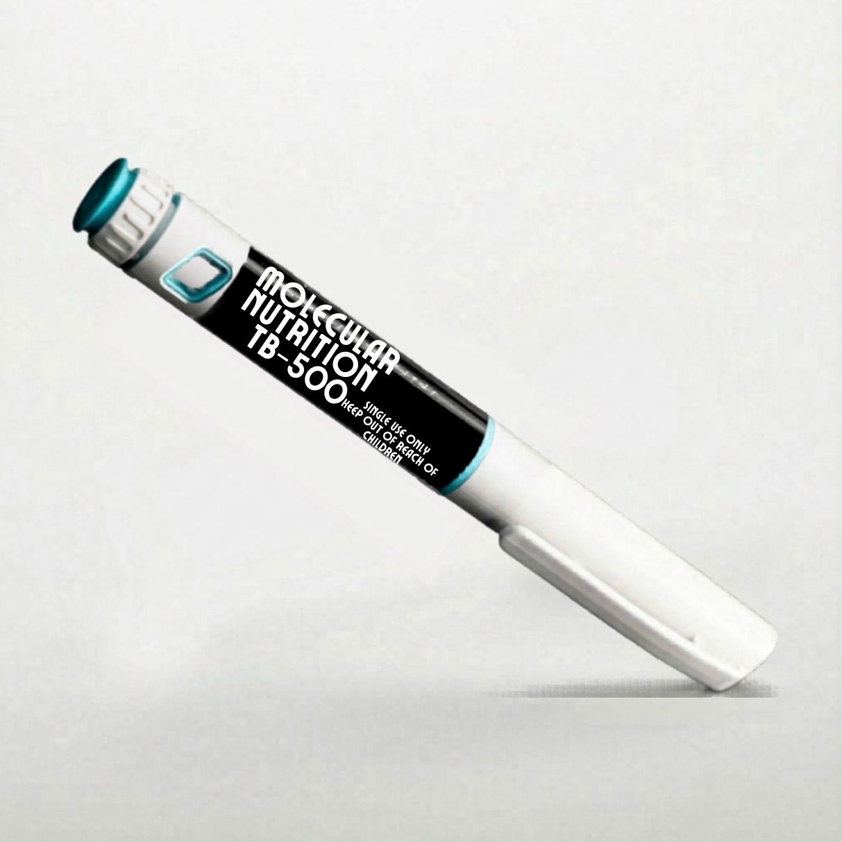 White-and-black EpiPen injector pen with teal accents, shown diagonally on a light gray background