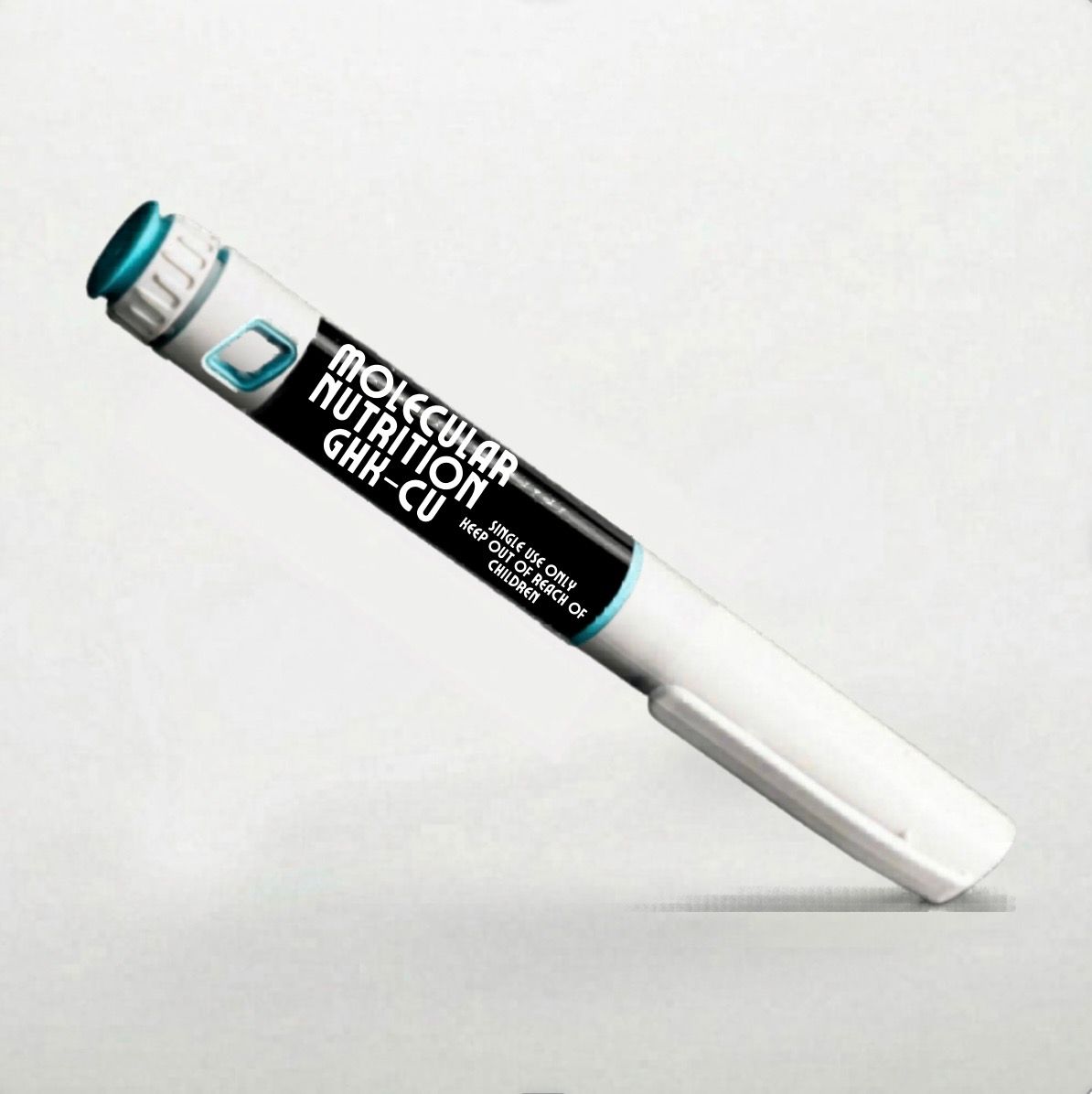 White and teal modern pen-like device with black label, angled on a light gray background