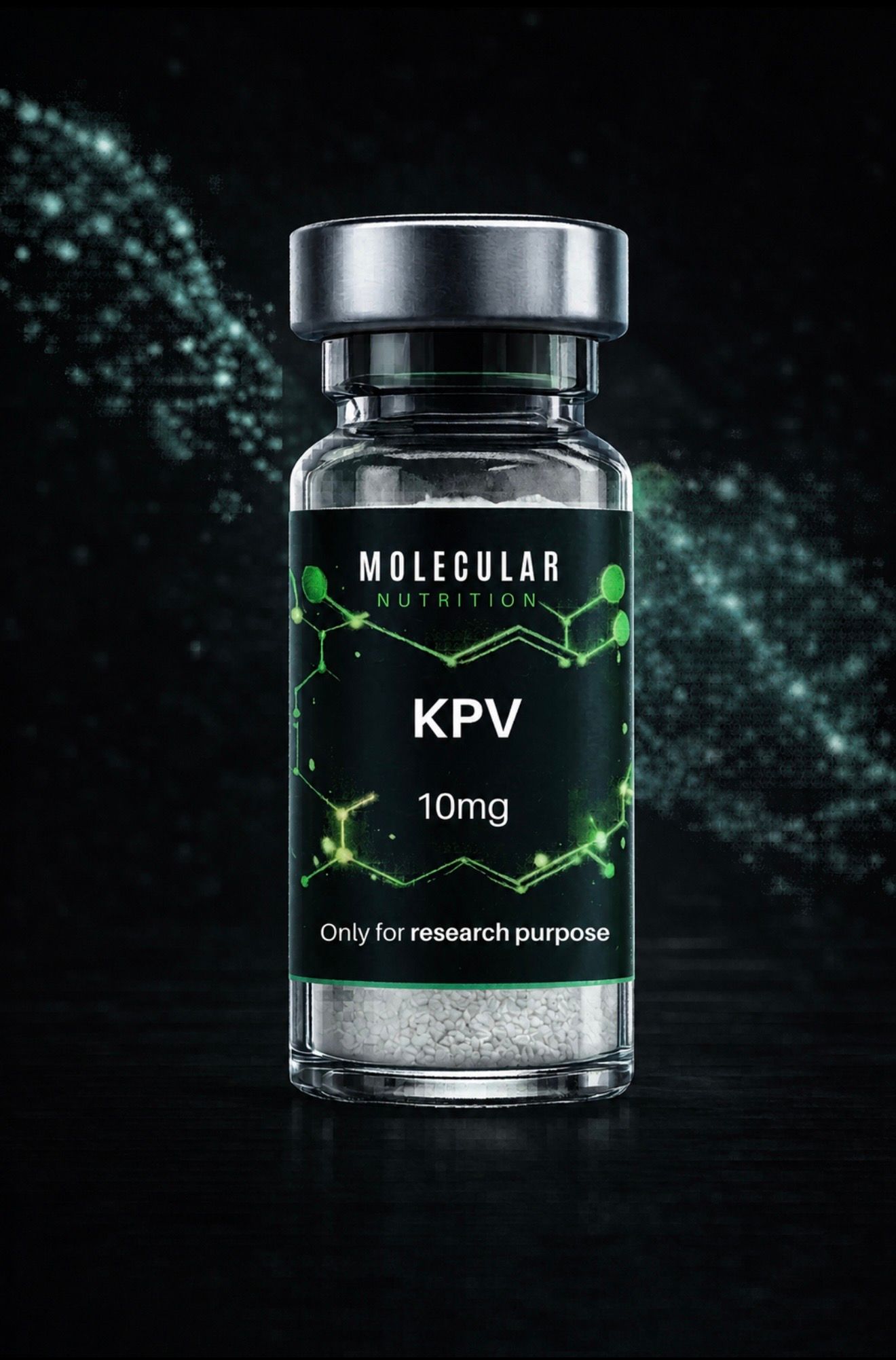 Black bottle labeled “KPV 10mg” on a dark background with green molecular graphics