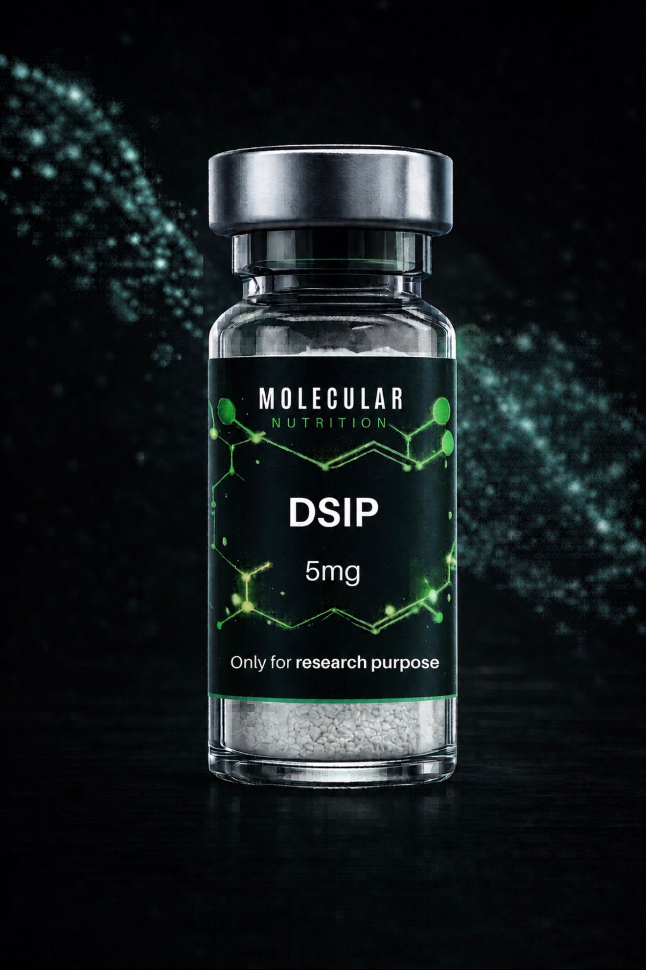 Black vial labeled “DSIP 5mg” on a dark background with green molecular graphics