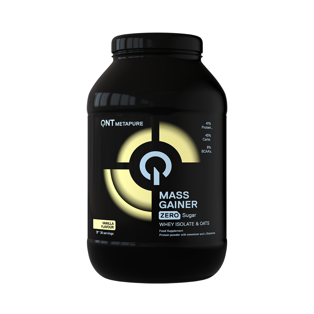 Black supplement tub labeled “Mass Gainer” with yellow circular logo on a white background