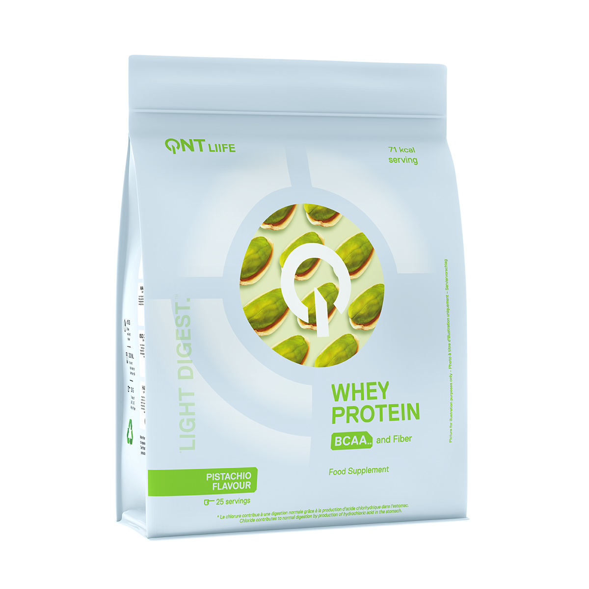 Light blue whey protein powder bag with green accents and fruit graphics