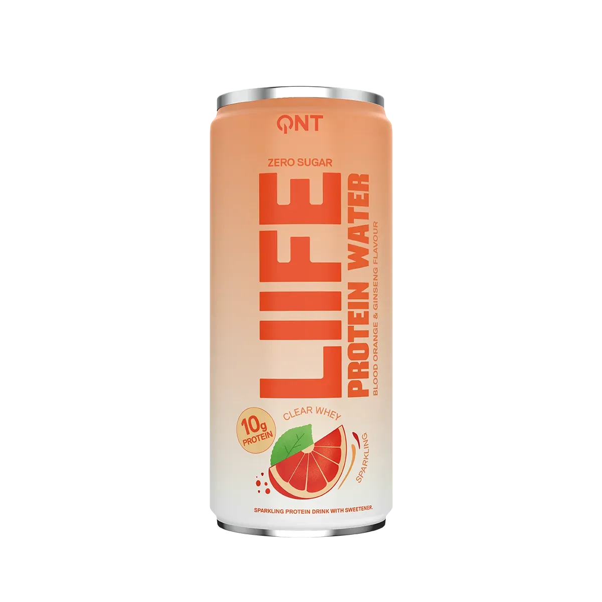 Orange can of QNT Life Protein Water with grapefruit flavor and white label on a plain background