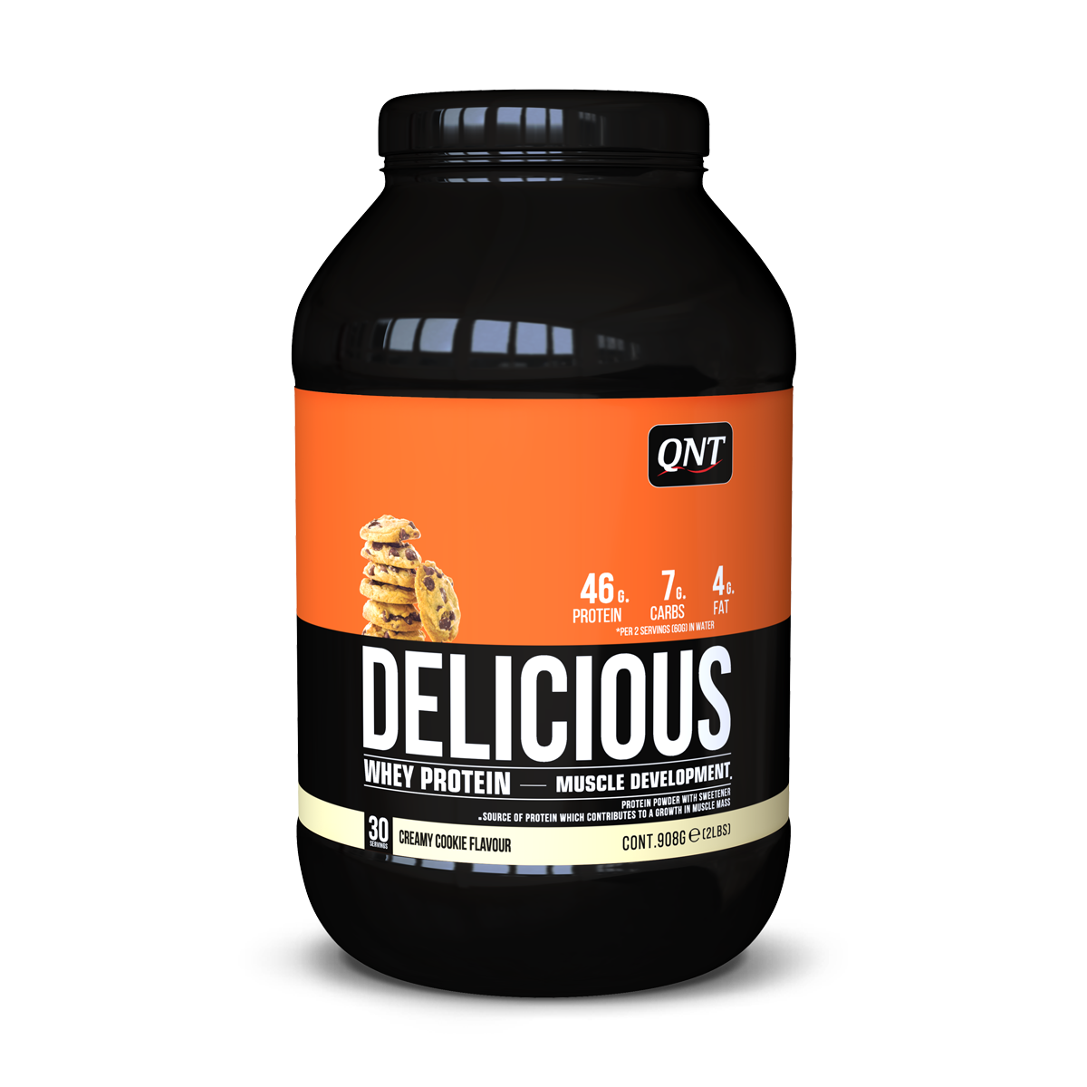 Black QNT Delicious whey protein tub with orange label on white background