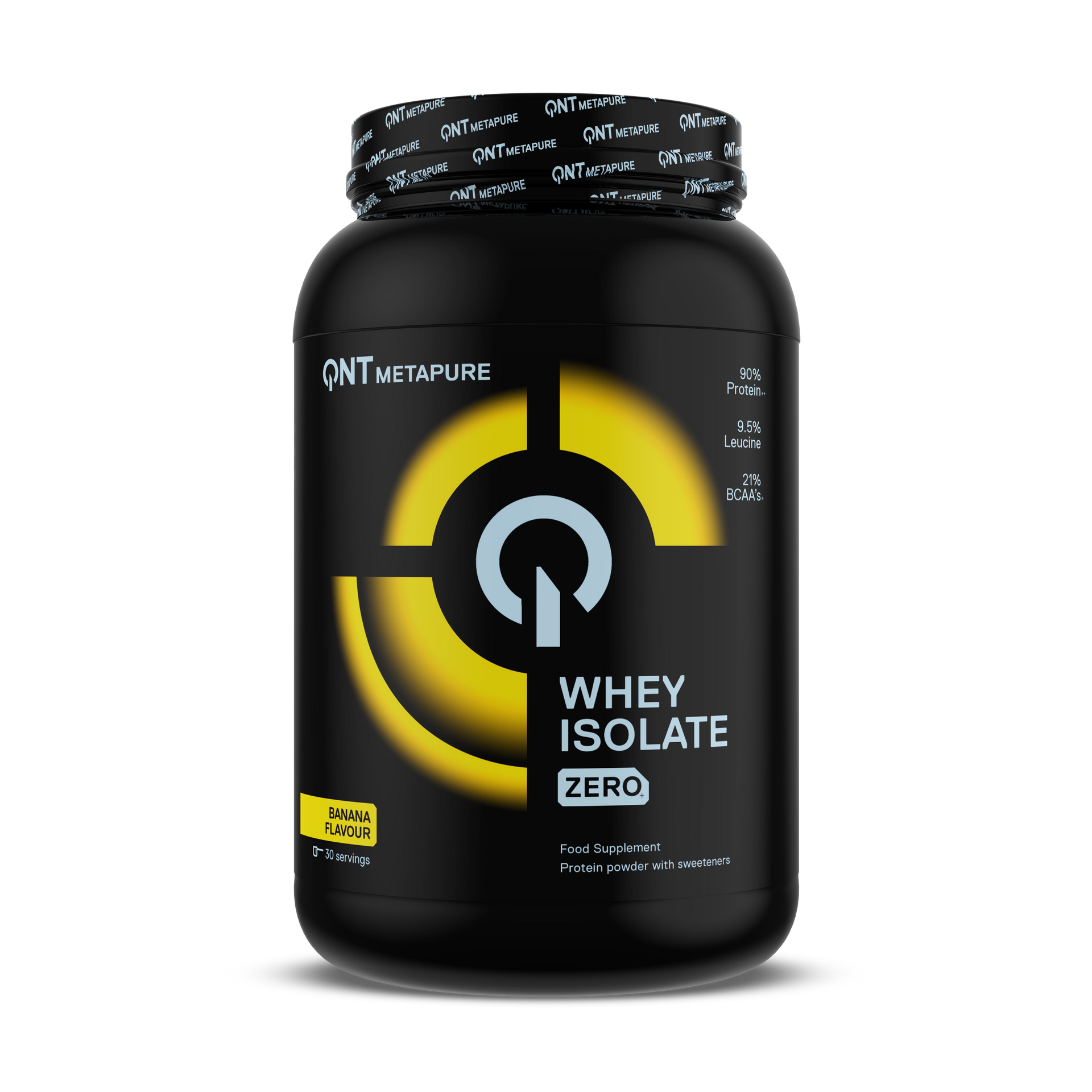 Black supplement jar labeled “Whey Isolate Zero” with yellow circular design and black cap