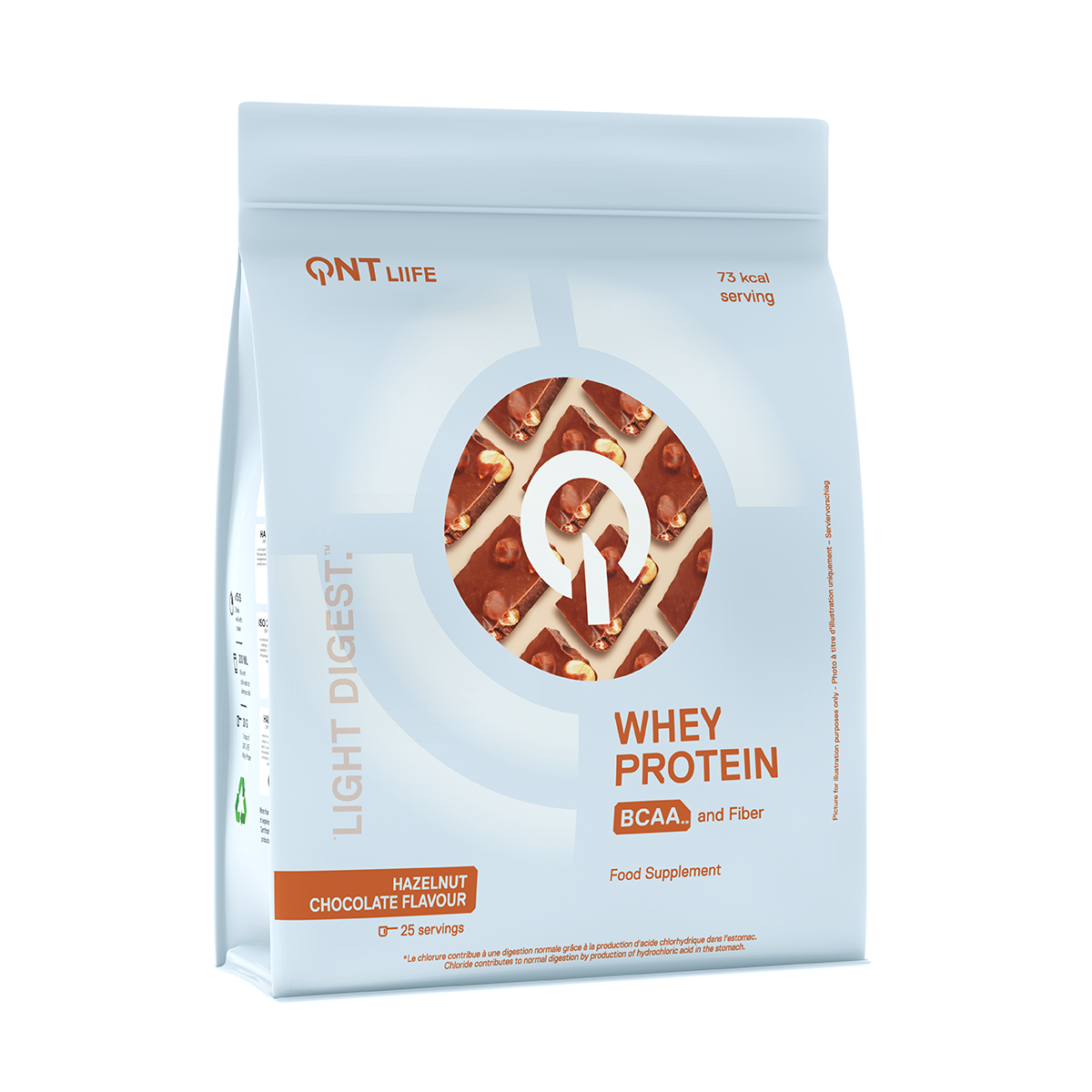 Light blue whey protein powder bag with cocoa cookie flavor branding and circular logo in center