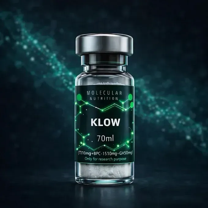Black vial labeled “KLOW” with glowing green molecular graphics on a dark background