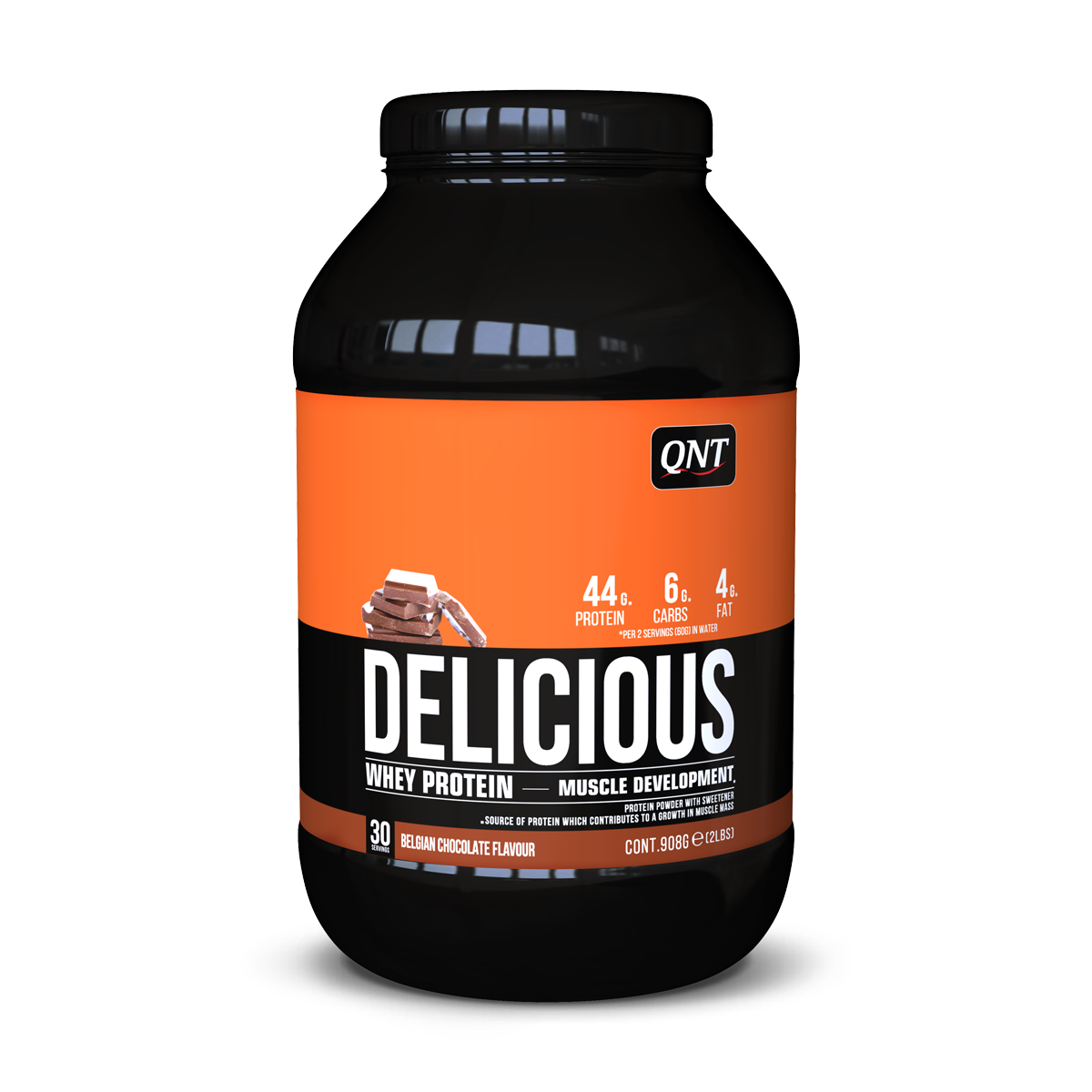 Black QNT Delicious whey protein jar with orange label on white background