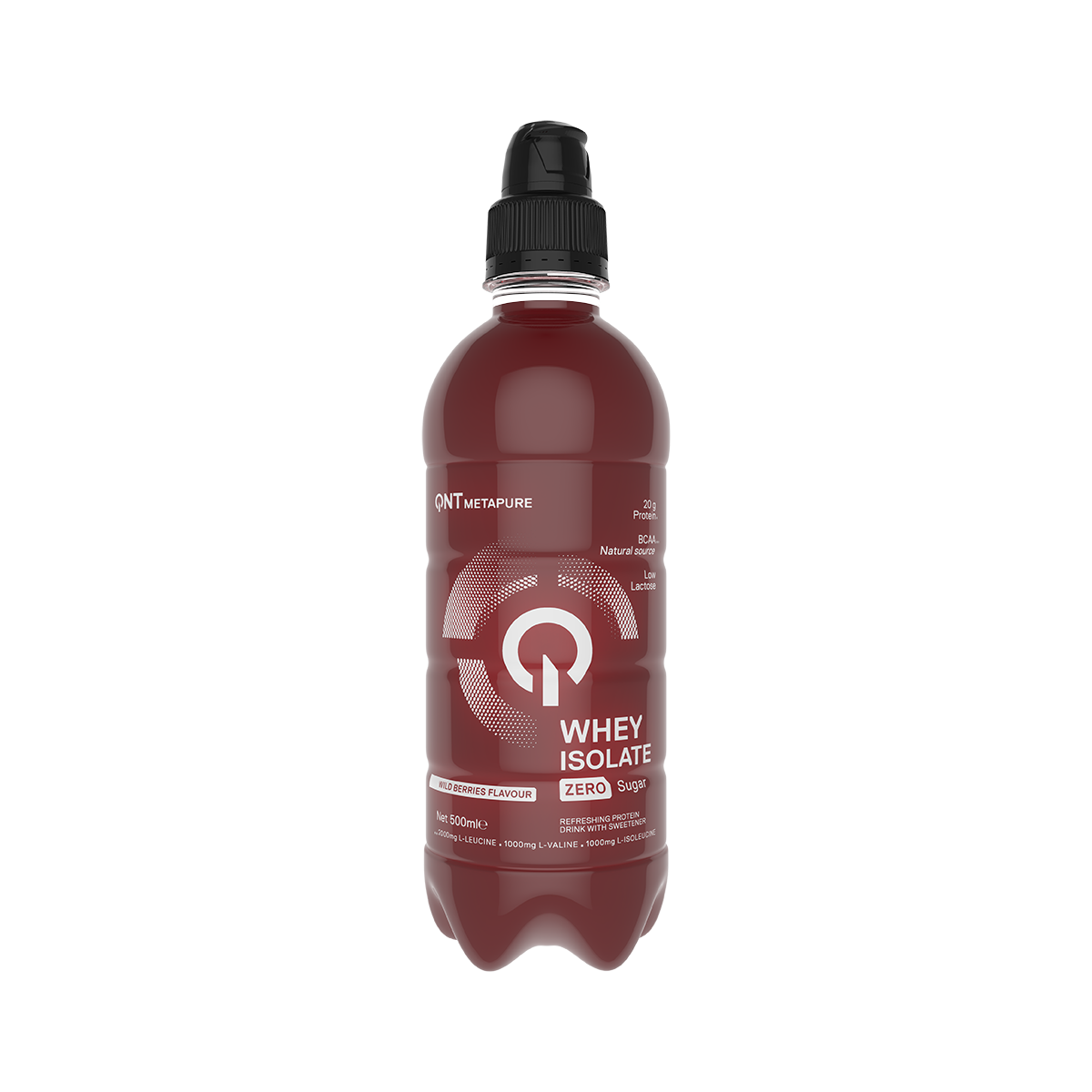Maroon sports drink bottle with black cap and white Whey Isolate label