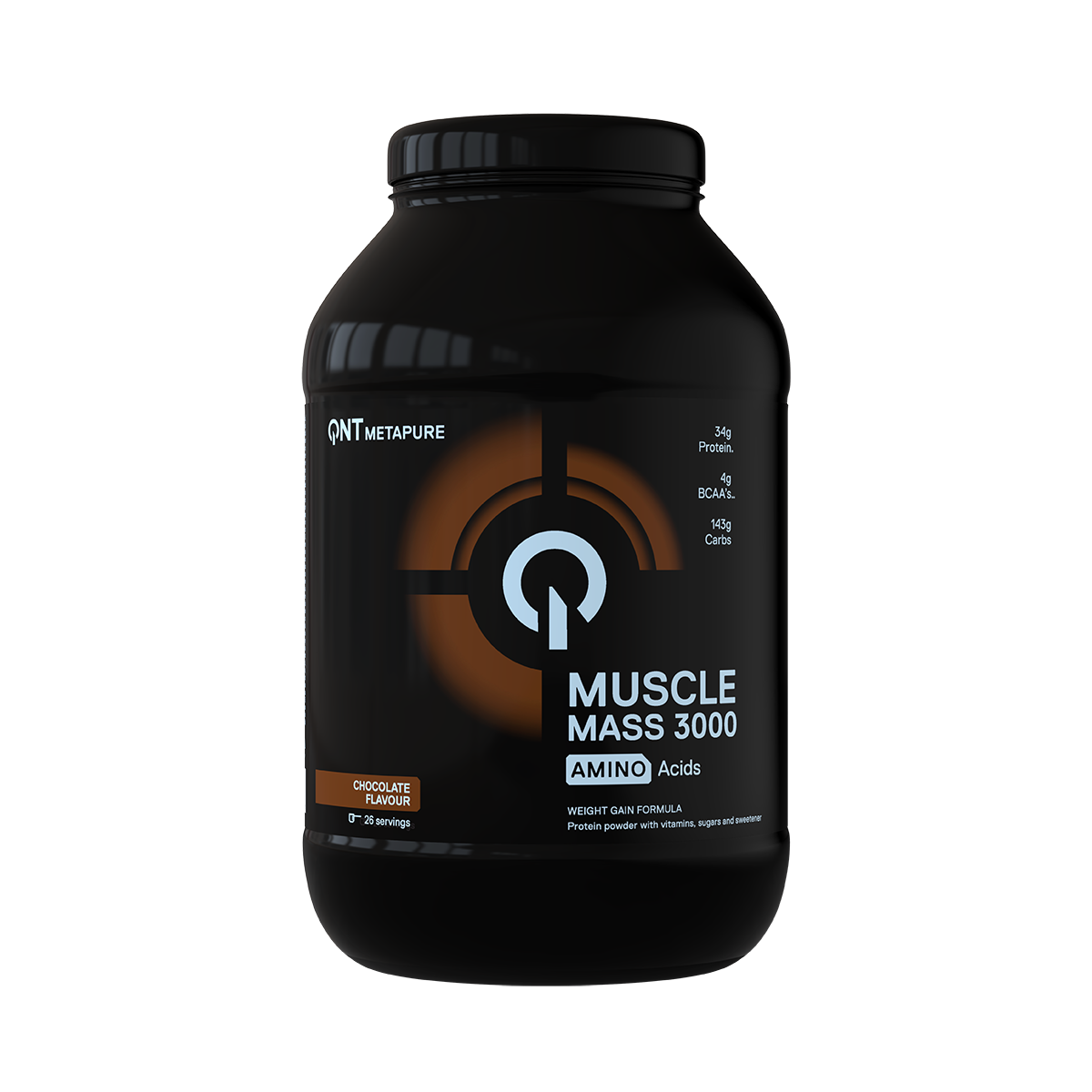 Black Muscle Mass 2000 supplement jar with orange accents on a white background