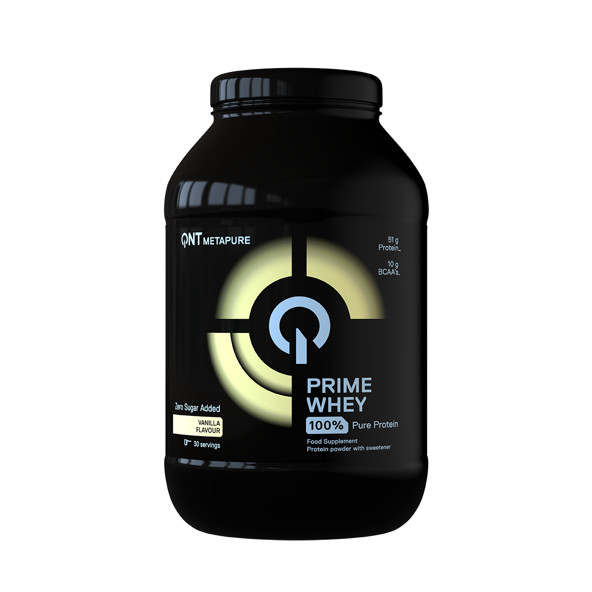Black Prime Whey protein supplement jar with white and yellow label on a white background