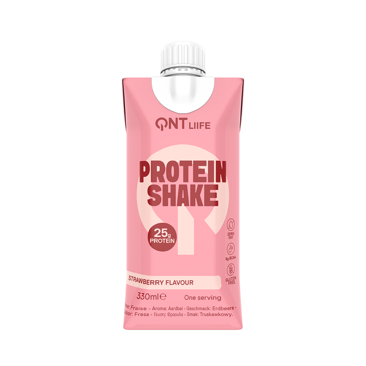 Pink QNT Life protein shake pouch with white cap and bold “PROTEIN SHAKE” text