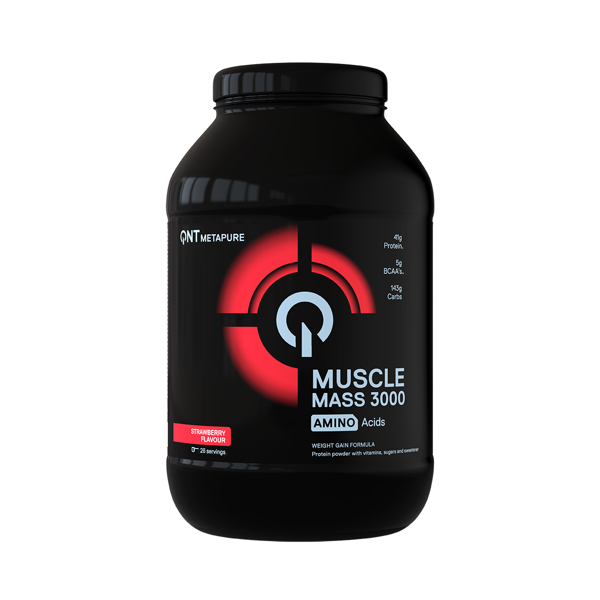 Black Muscle Mass 2000 amino supplement jar with red and white label on a white background