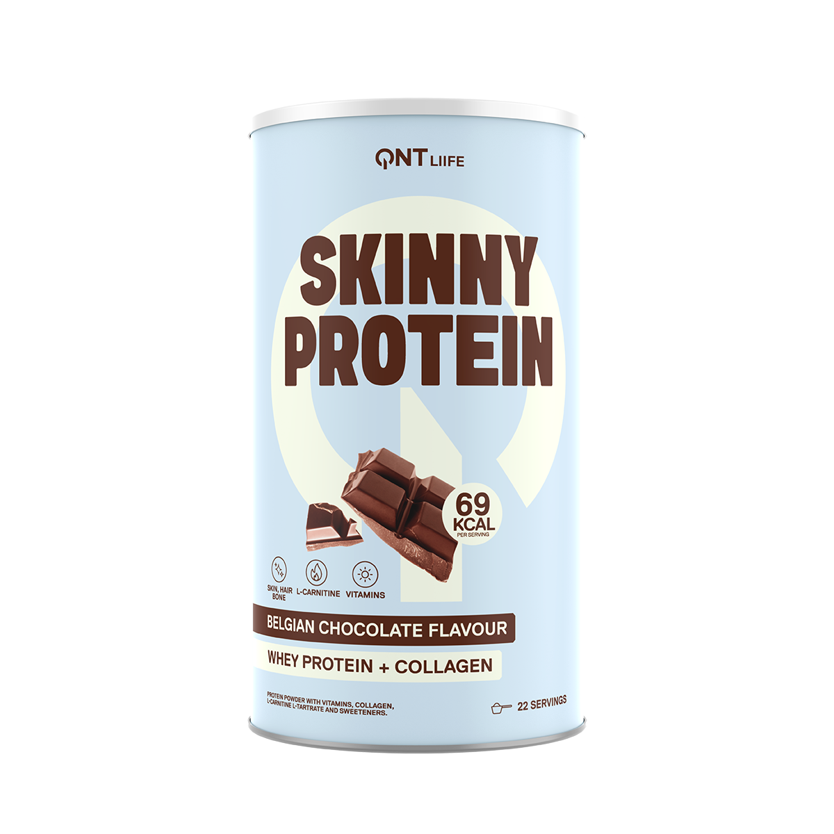 Light blue Skinny Protein can with chocolate flavor and 69 kcal label