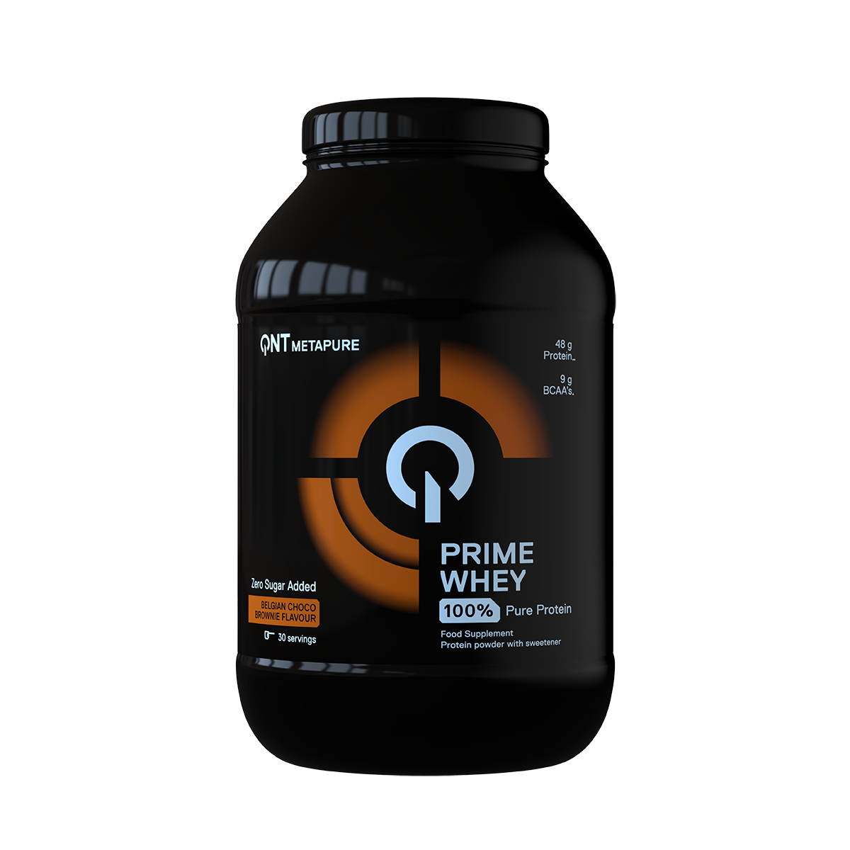 Black Prime Whey protein powder jar with orange logo and label on a white background