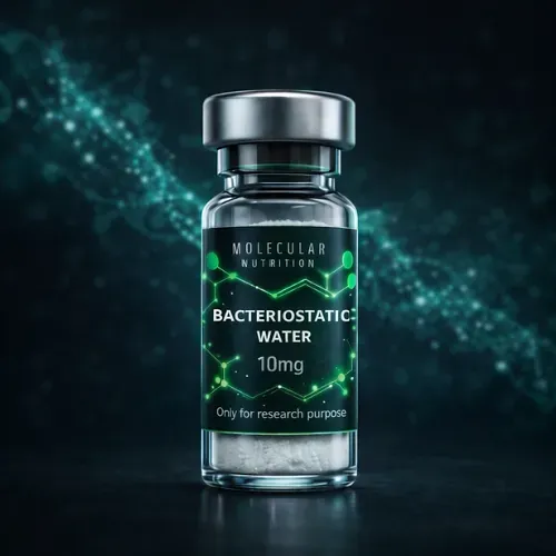 Glass vial labeled “Bacteriostatic Water 10mg” with a metallic cap on a dark, glowing green background