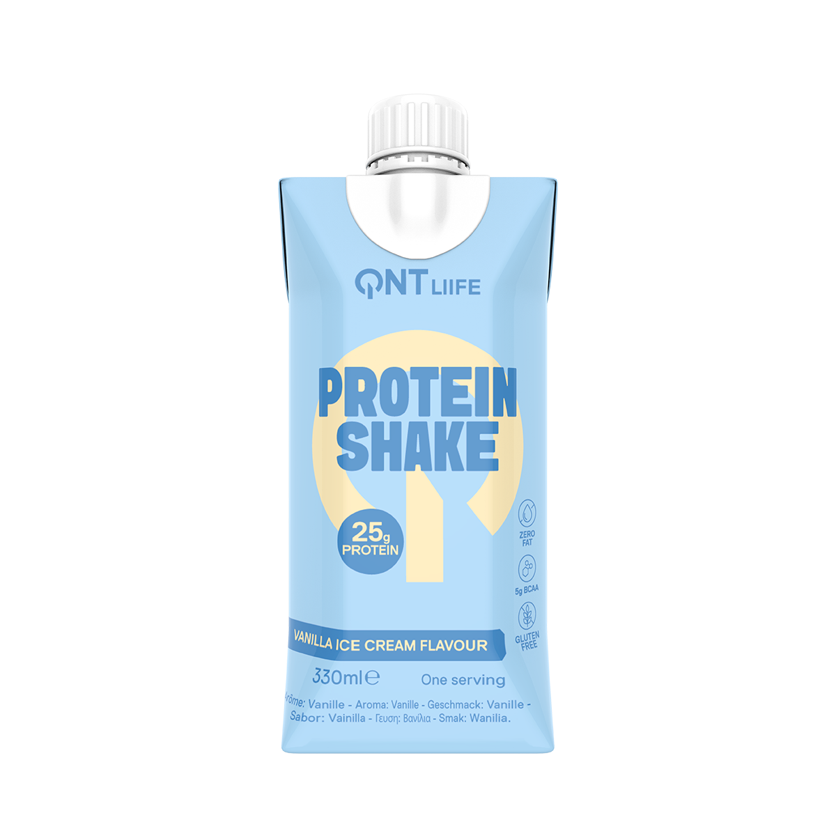 Blue QNT Life protein shake carton with white cap and yellow “25g” label.