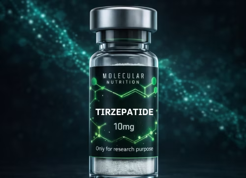 Vial labeled “Tirzepatide 10mg” with molecular graphics on a dark teal background