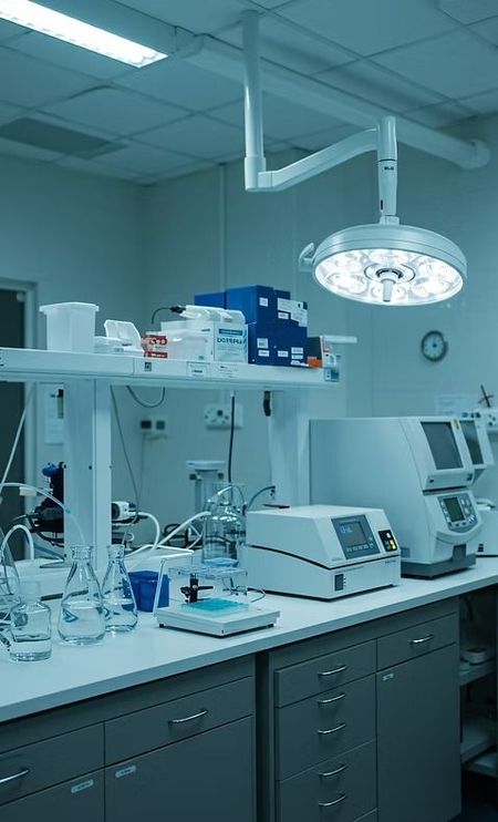 Hospital lab with surgical lights, medical equipment, and countertops in a sterile blue room