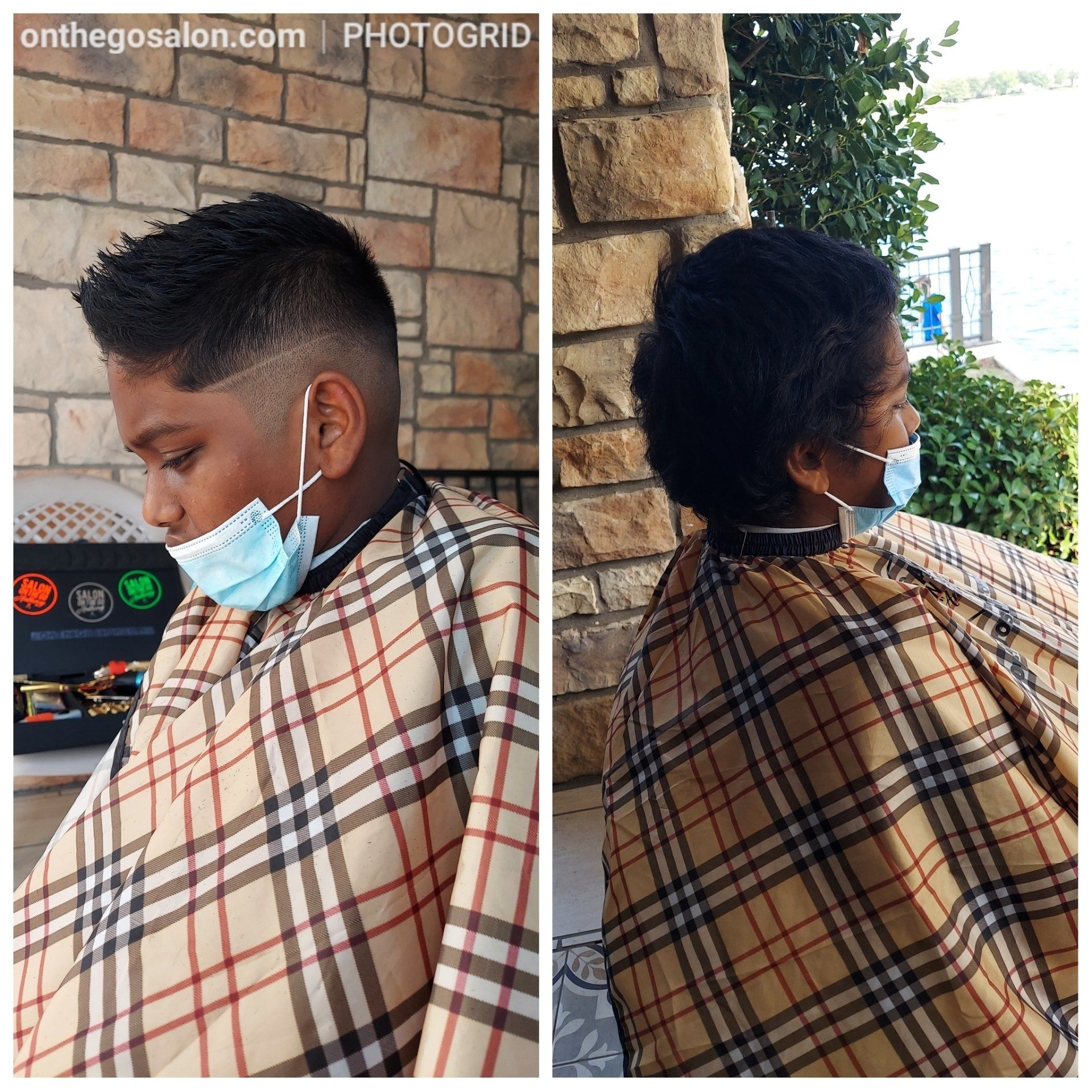 A man wearing a plaid shirt and a face mask is getting his hair cut.
