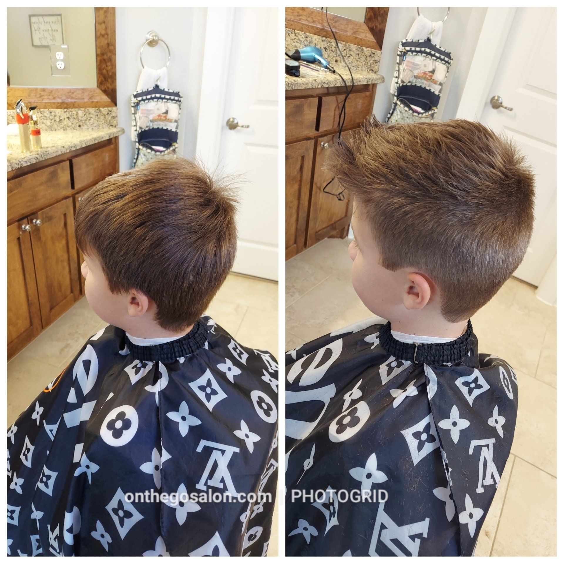 A young boy is getting his hair cut in a bathroom