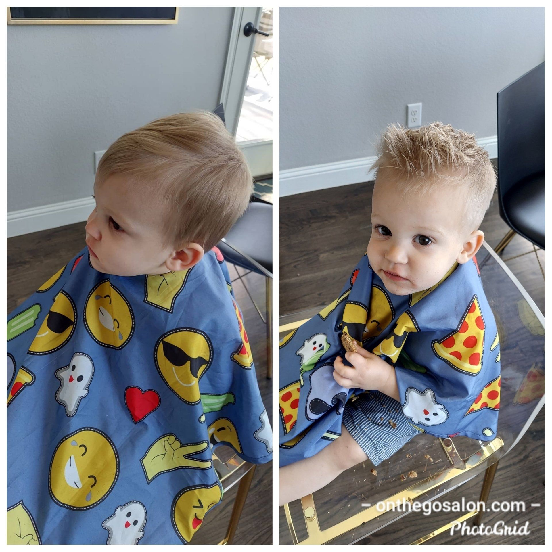 A toddler wearing a cape with emojis on it