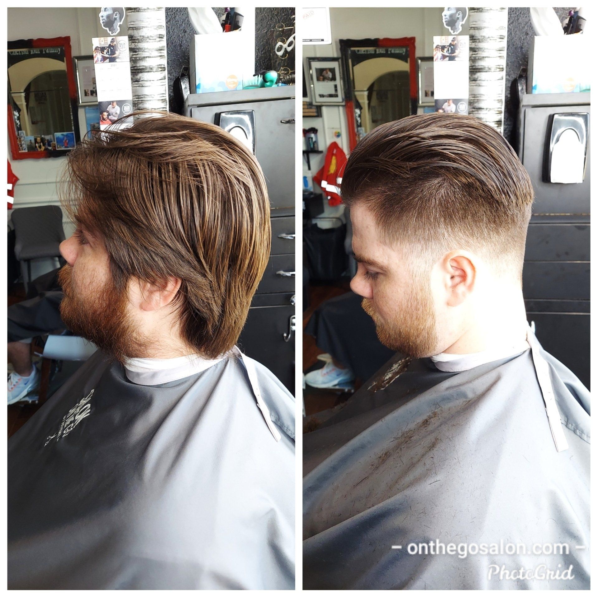 A man is getting his hair cut in a barber shop.