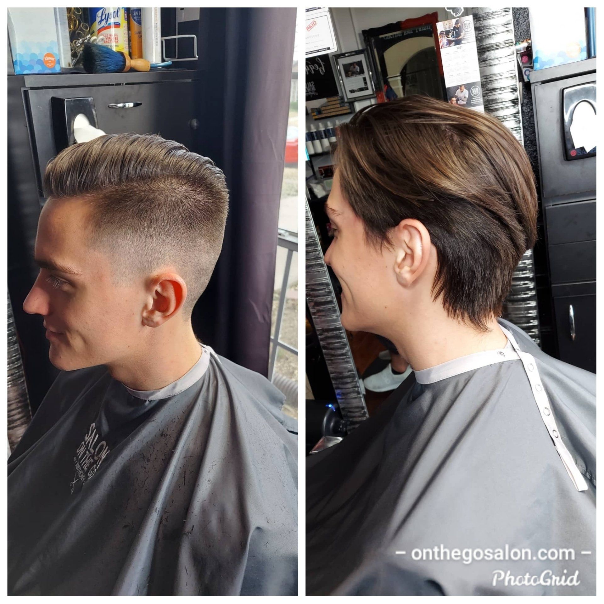 A man and a woman are getting their hair cut in a salon.